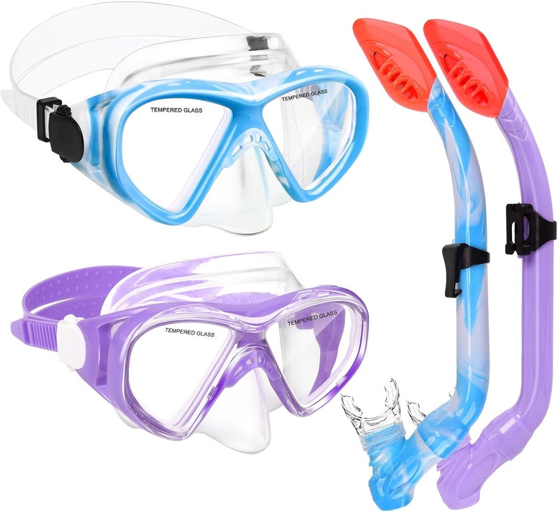 ACQCES 2 Sets Snorkeling Gear for Kids, Kids Snorkel Set for Ages 6-14, Dry Top Snorkel Mask Set for Youth Boys Girls Junior, Tempered Glass Diving Swimming Mask Goggles - Image 1